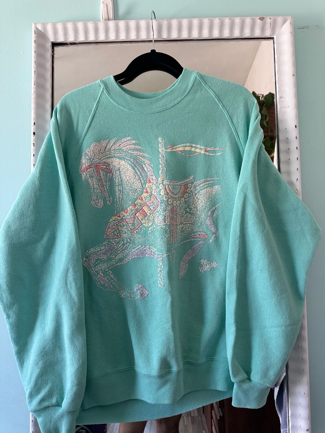 Jerzees Carousel Horse Sweatshirt XL Teal Mint Vintage 90s Pullover 2
