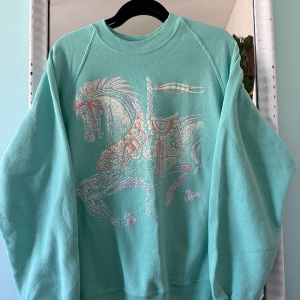 Jerzees Carousel Horse Sweatshirt XL Teal Mint Vintage 90s Pullover