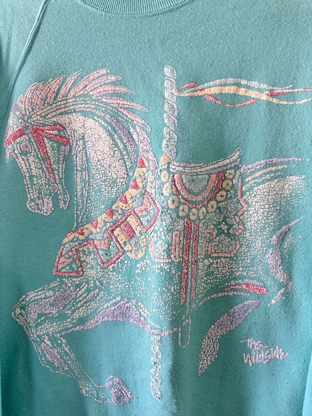 Jerzees Carousel Horse Sweatshirt XL Teal Mint Vintage 90s Pullover 4