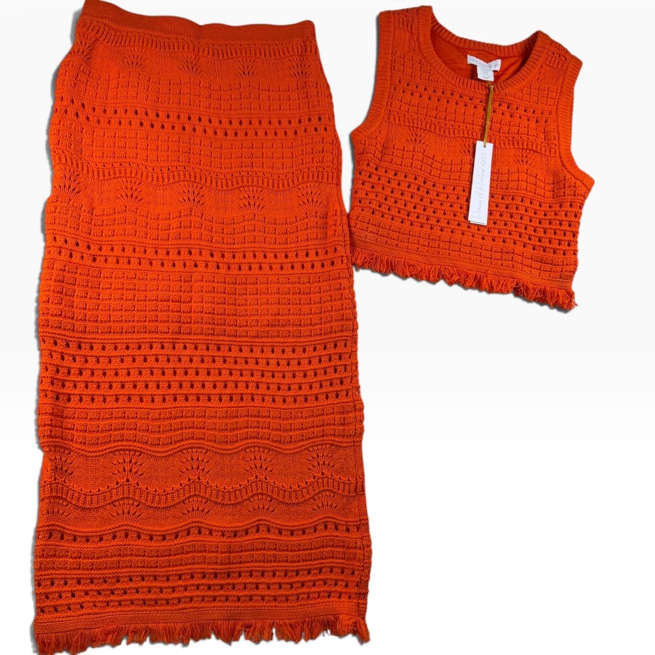 House of Harlow Boho Fringe Crochet Knit 2 Piece Set XS NWT 7