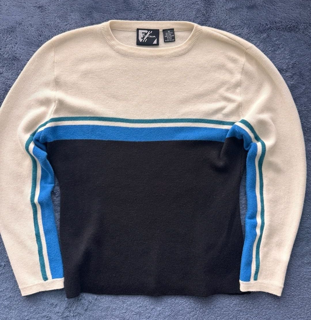 VTG Y2K Retro Fyrolia Colorblock Crew Neck Sweater Size M Blue White Pullover 2