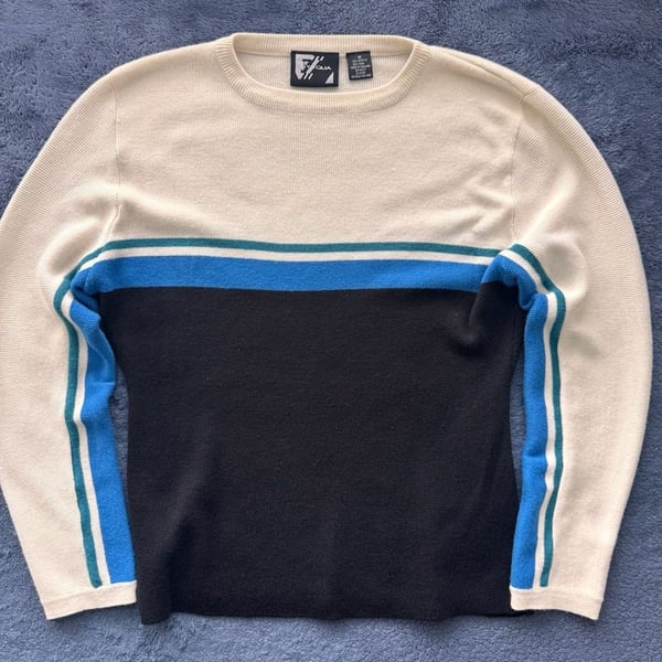 VTG Y2K Retro Fyrolia Colorblock Crew Neck Sweater Size M Blue White Pullover