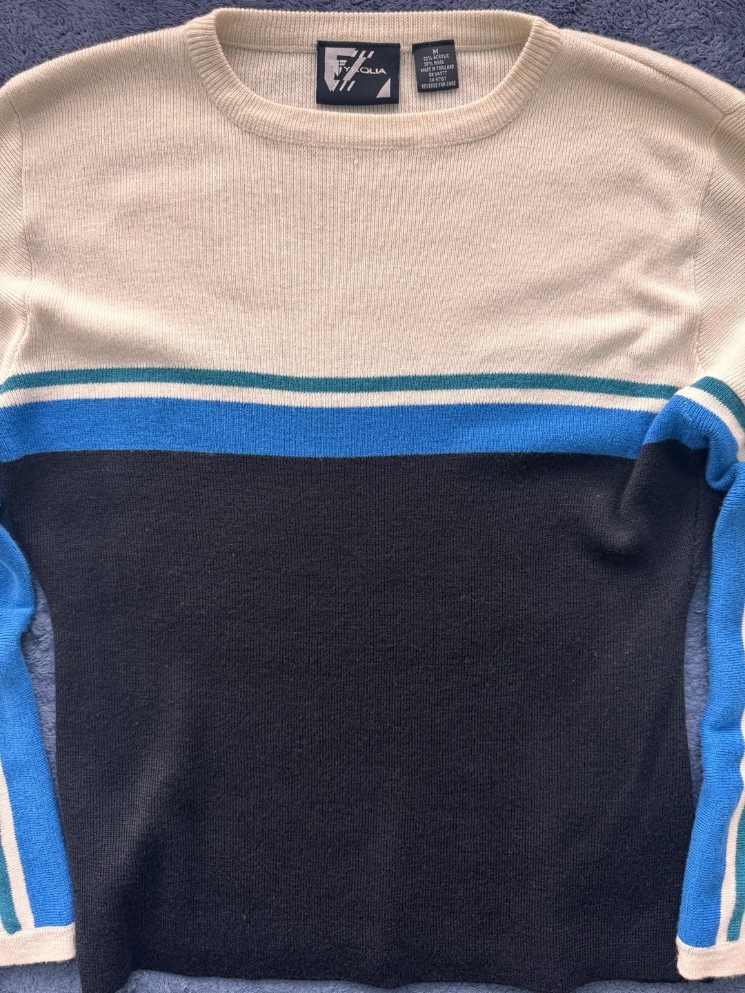 VTG Y2K Retro Fyrolia Colorblock Crew Neck Sweater Size M Blue White Pullover 5