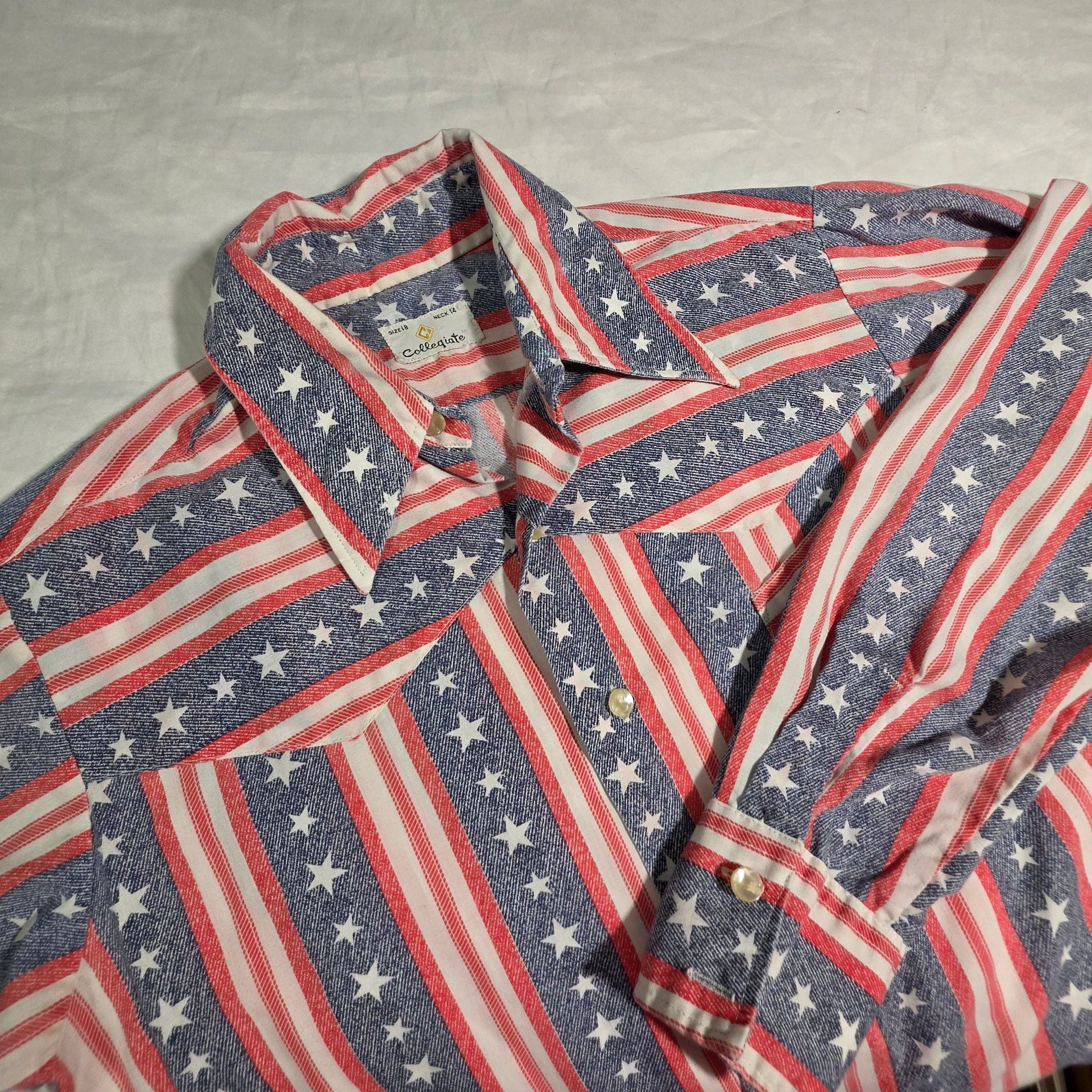 VTG 70s Collegiate American Flag Western Shirt Stars Stripes Small Pearl Buttons 2