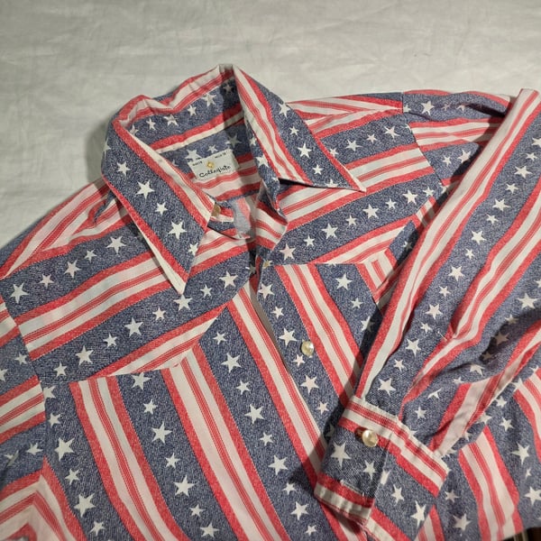 VTG 70s Collegiate American Flag Western Shirt Stars Stripes Small Pearl Buttons