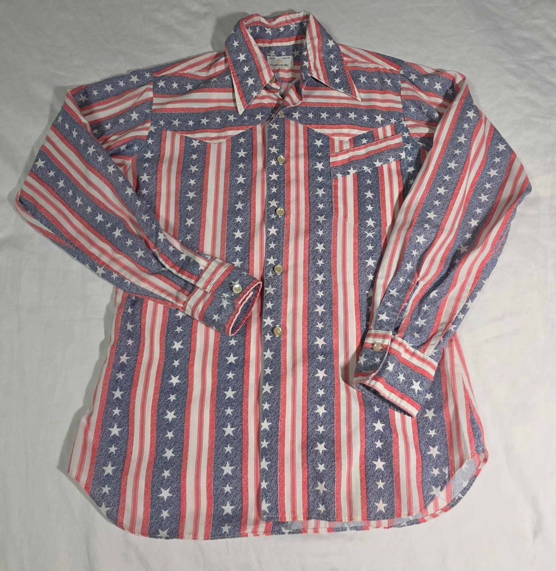 VTG 70s Collegiate American Flag Western Shirt Stars Stripes Small Pearl Buttons 3