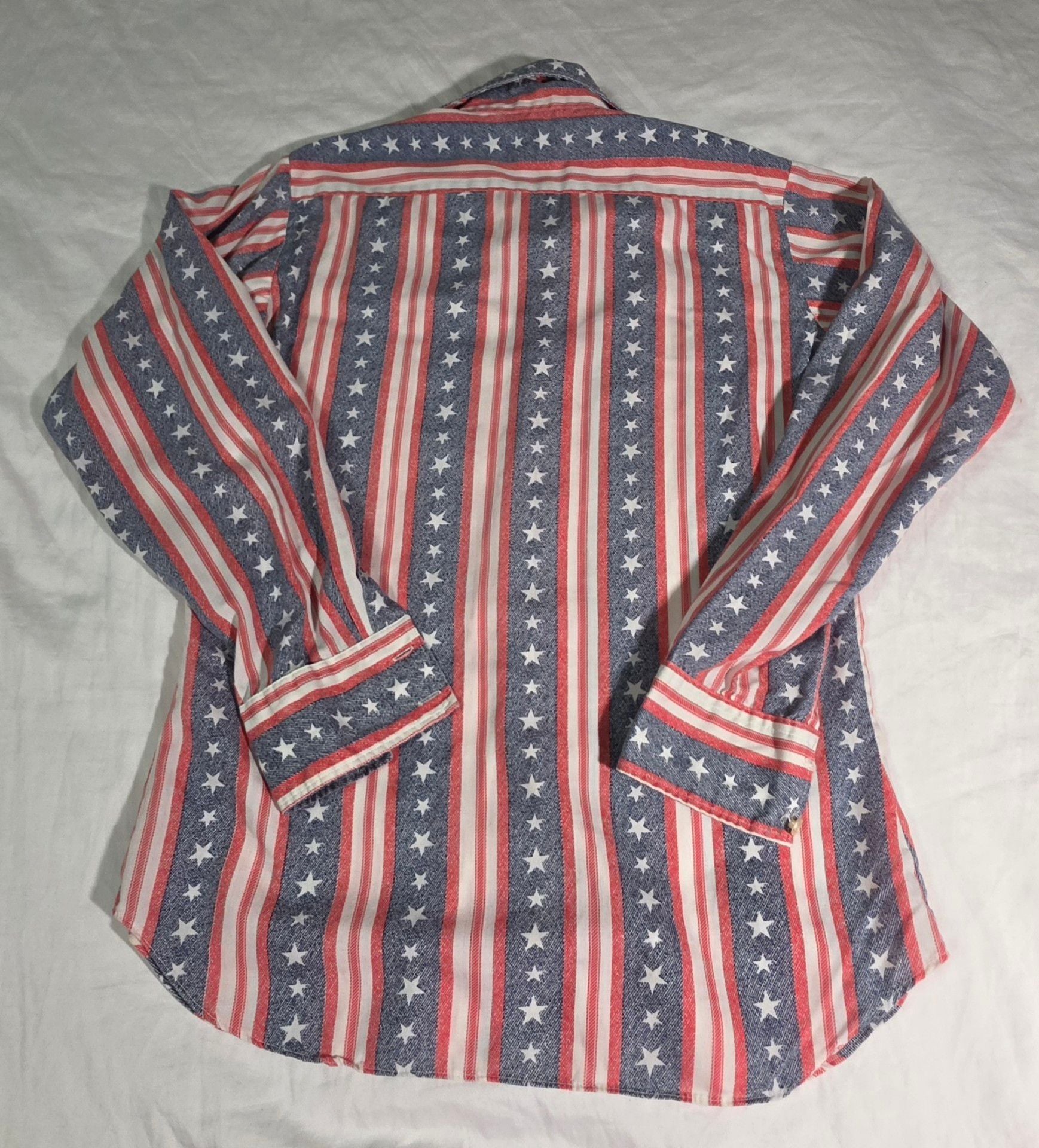 VTG 70s Collegiate American Flag Western Shirt Stars Stripes Small Pearl Buttons 4