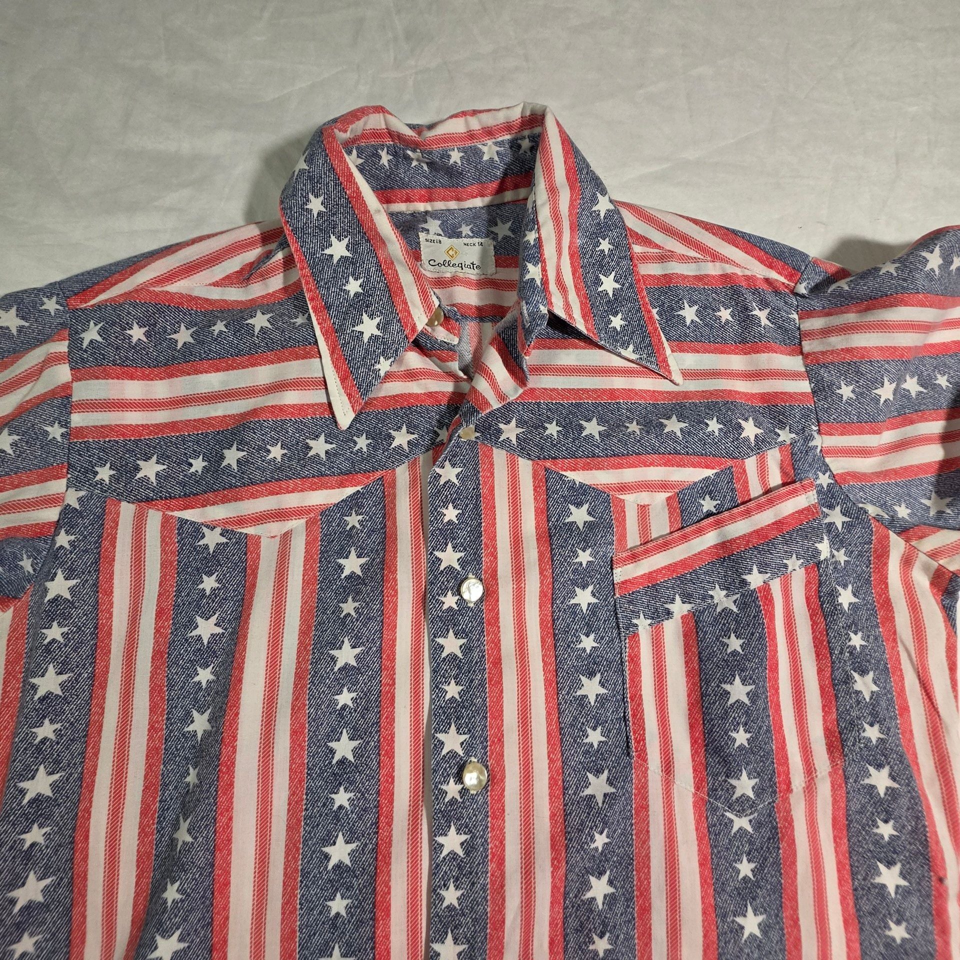 VTG 70s Collegiate American Flag Western Shirt Stars Stripes Small Pearl Buttons 5