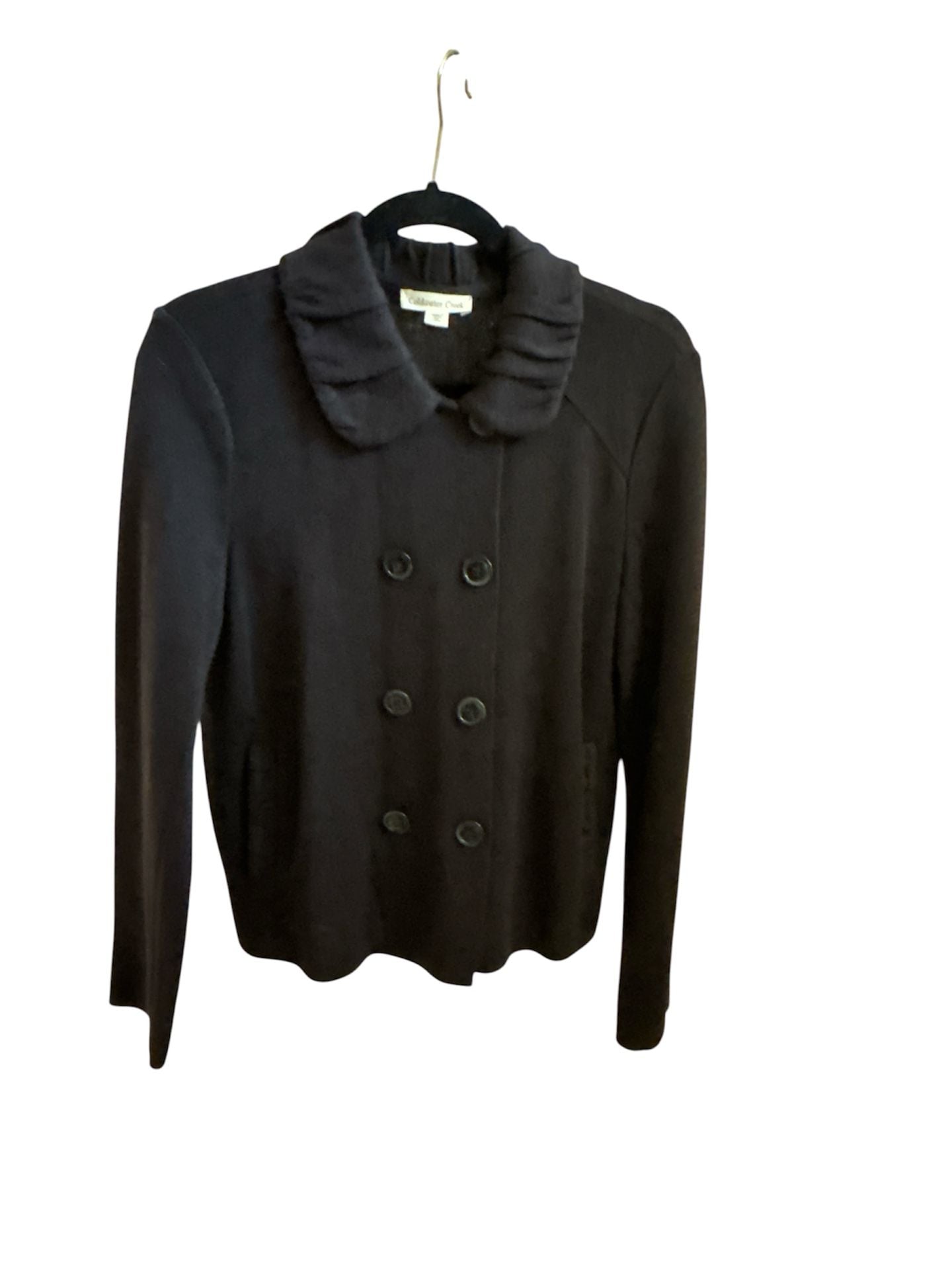 Coldwater Creek Black Ruffle Collar Double Breasted Sweater Jacket Size M 2