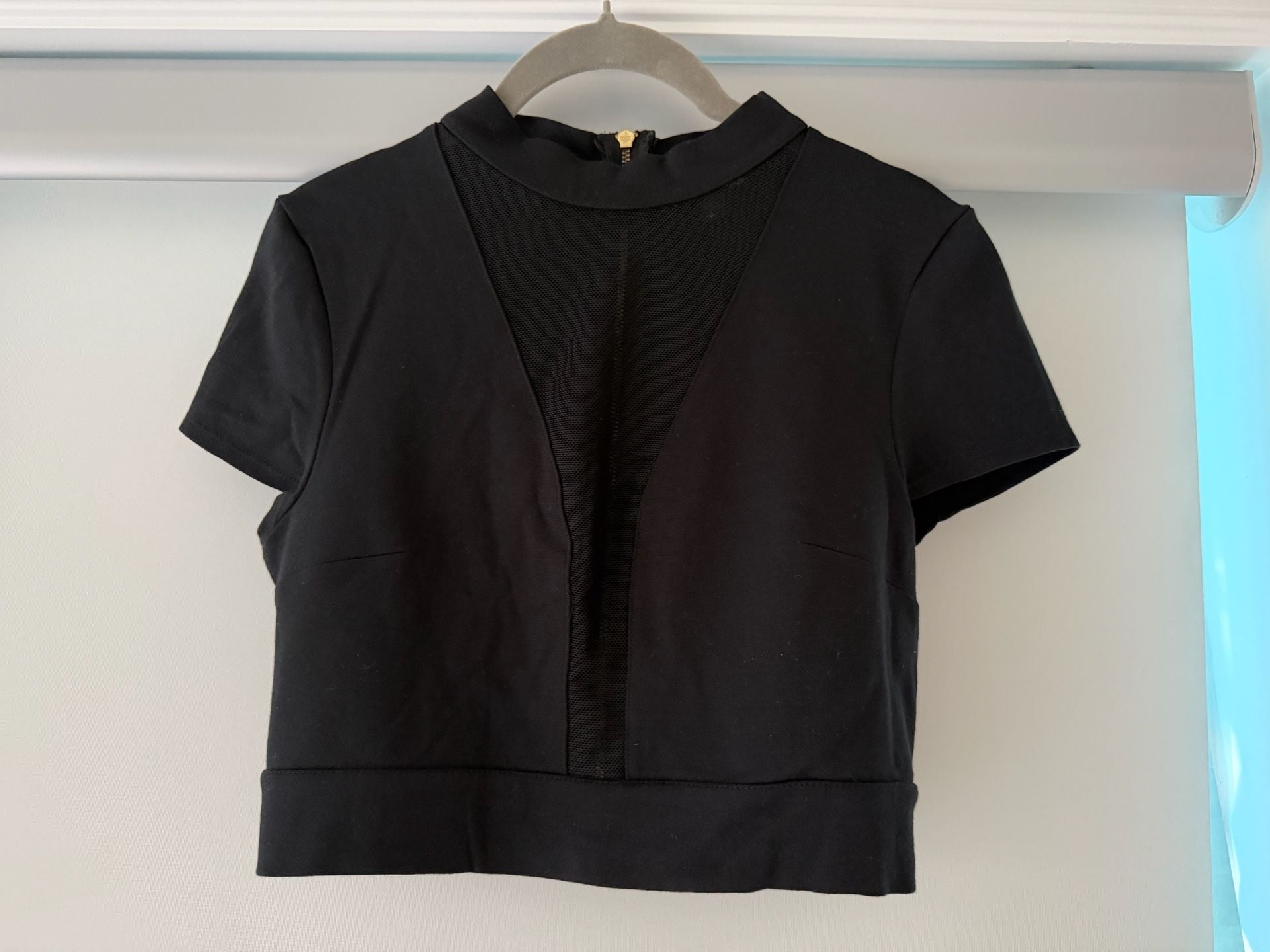 Express Black Mesh Panel Short Sleeve Crop Top with Back Zipper 9