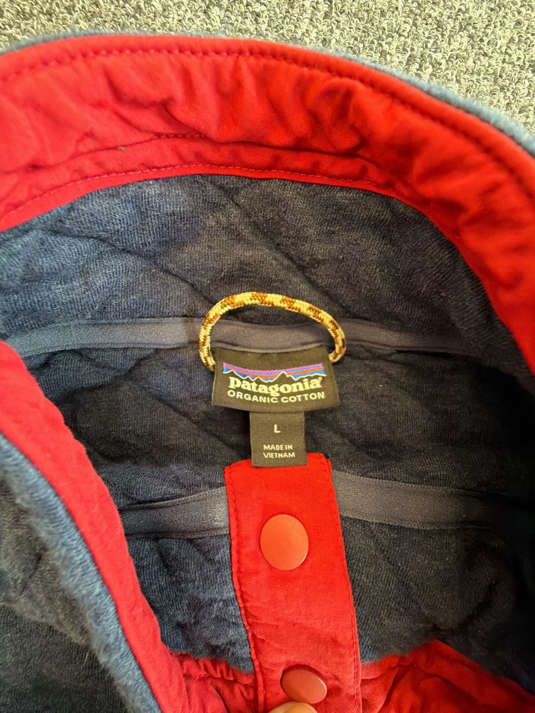 Patagonia Organic Cotton Quilt Snap-T Pullover Size L Navy Blue Red 3