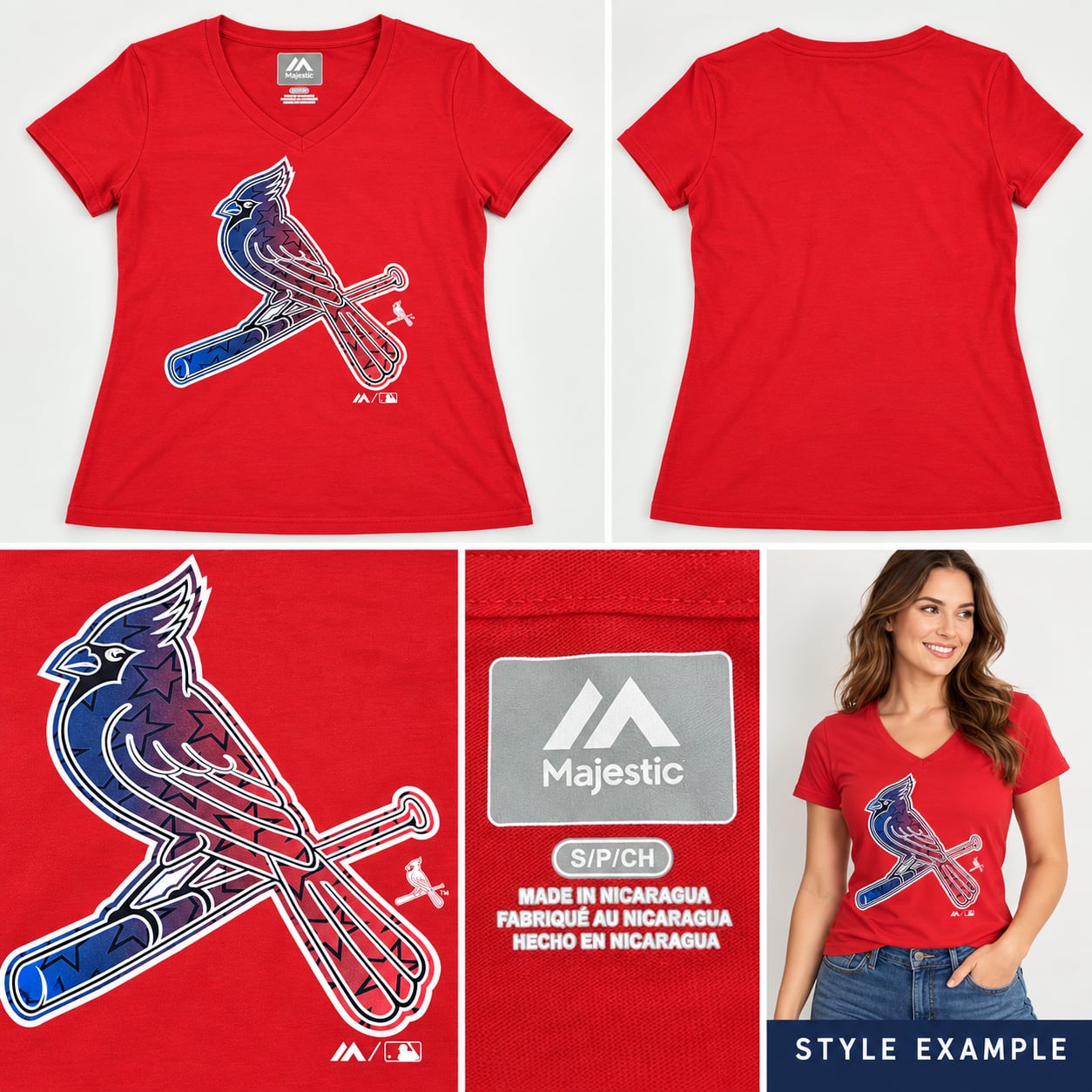 Majestic St. Louis Cardinals Women’s Small Red Stars Graphic V-Neck Tee 2