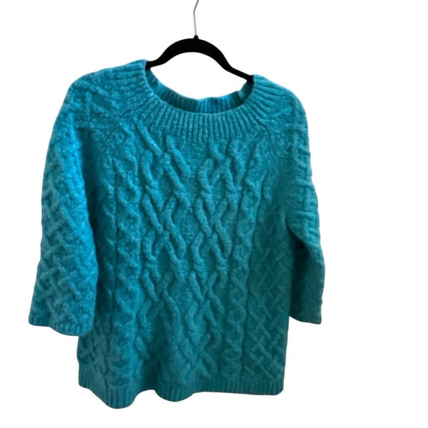 Ann Taylor Loft Teal Blue Cable Basket Weave Boat Neck Sweater 3/4 Sleeve M