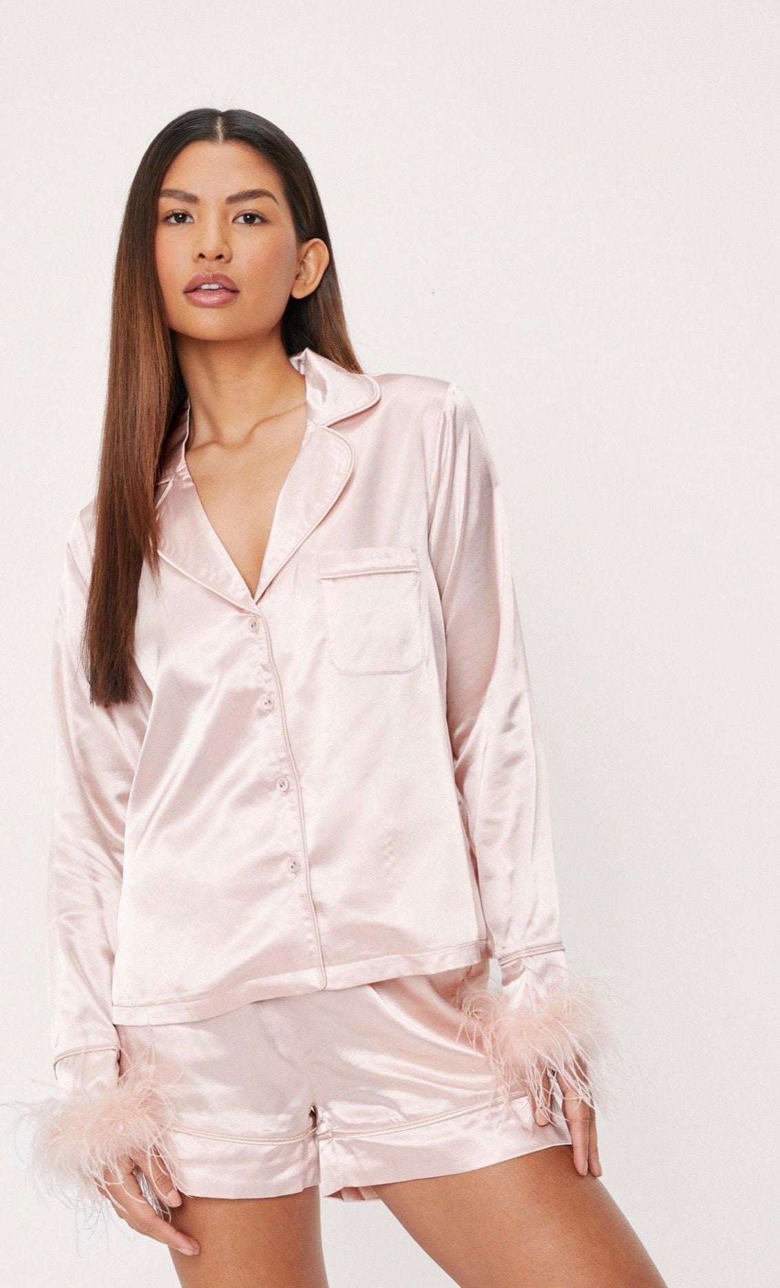 Nasty Gal Satin Feather Pajama Set Pink 1