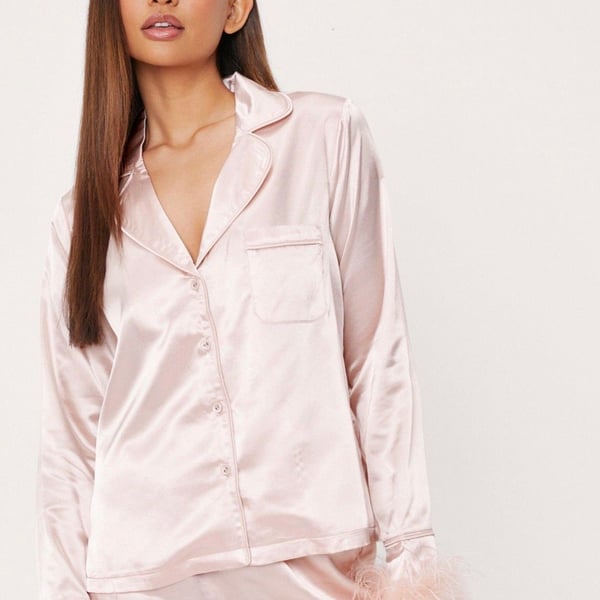 Nasty Gal Satin Feather Pajama Set Pink