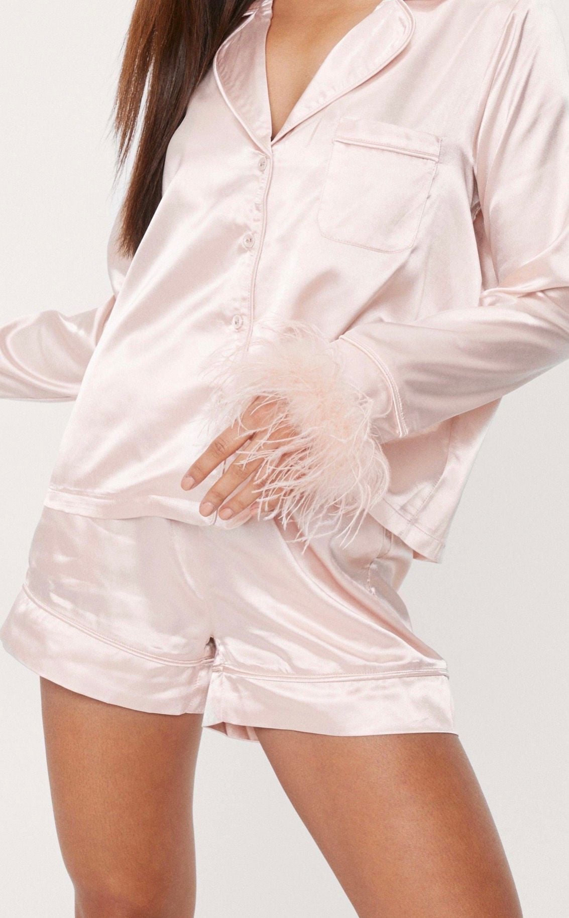 Nasty Gal Satin Feather Pajama Set Pink 2