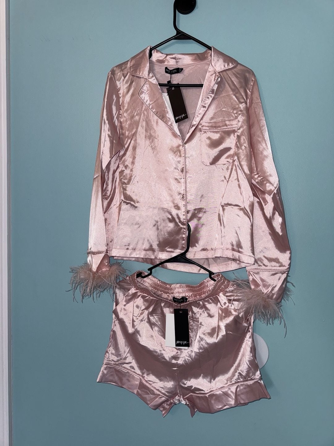 Nasty Gal Satin Feather Pajama Set Pink 3