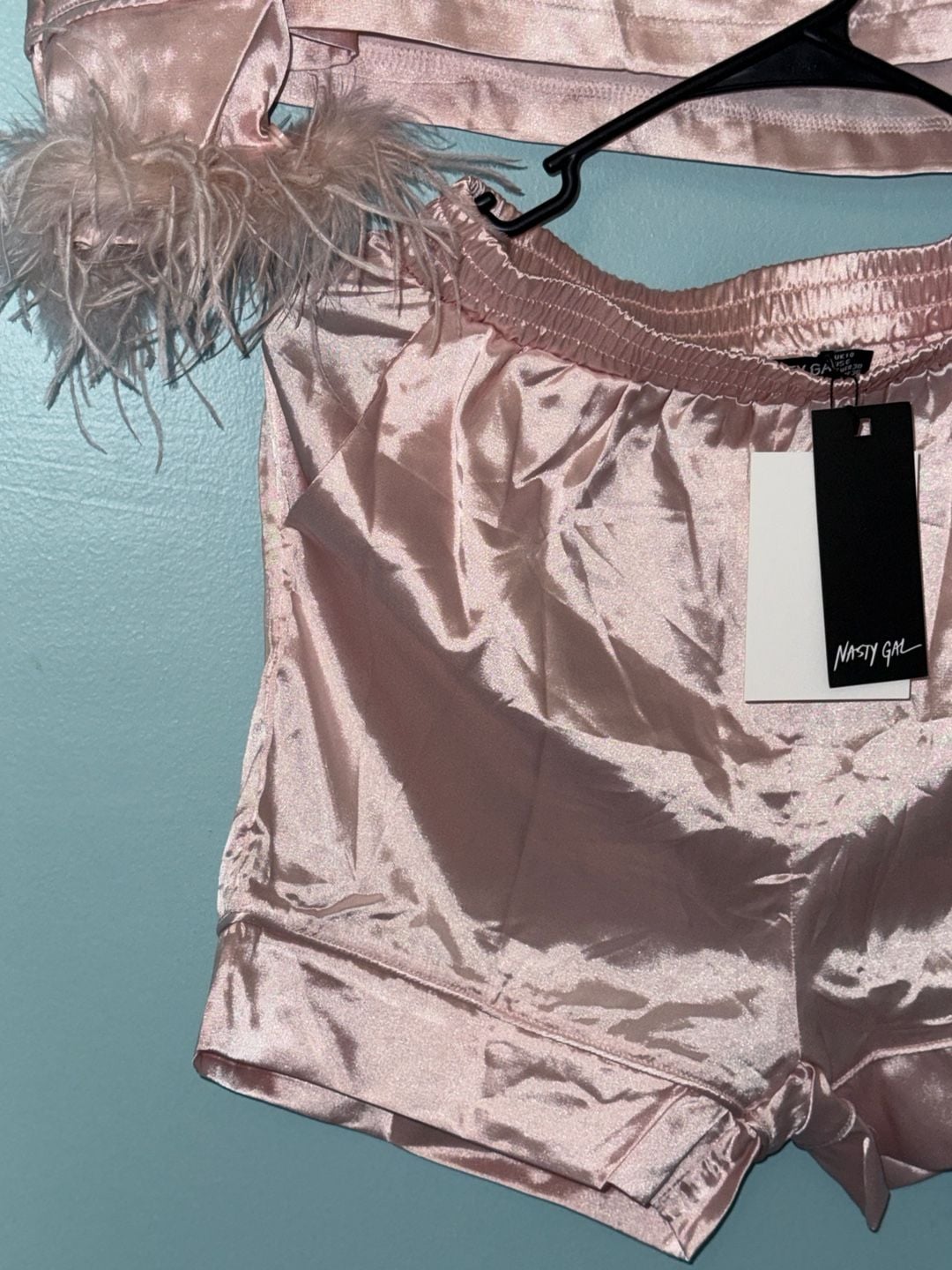 Nasty Gal Satin Feather Pajama Set Pink 6