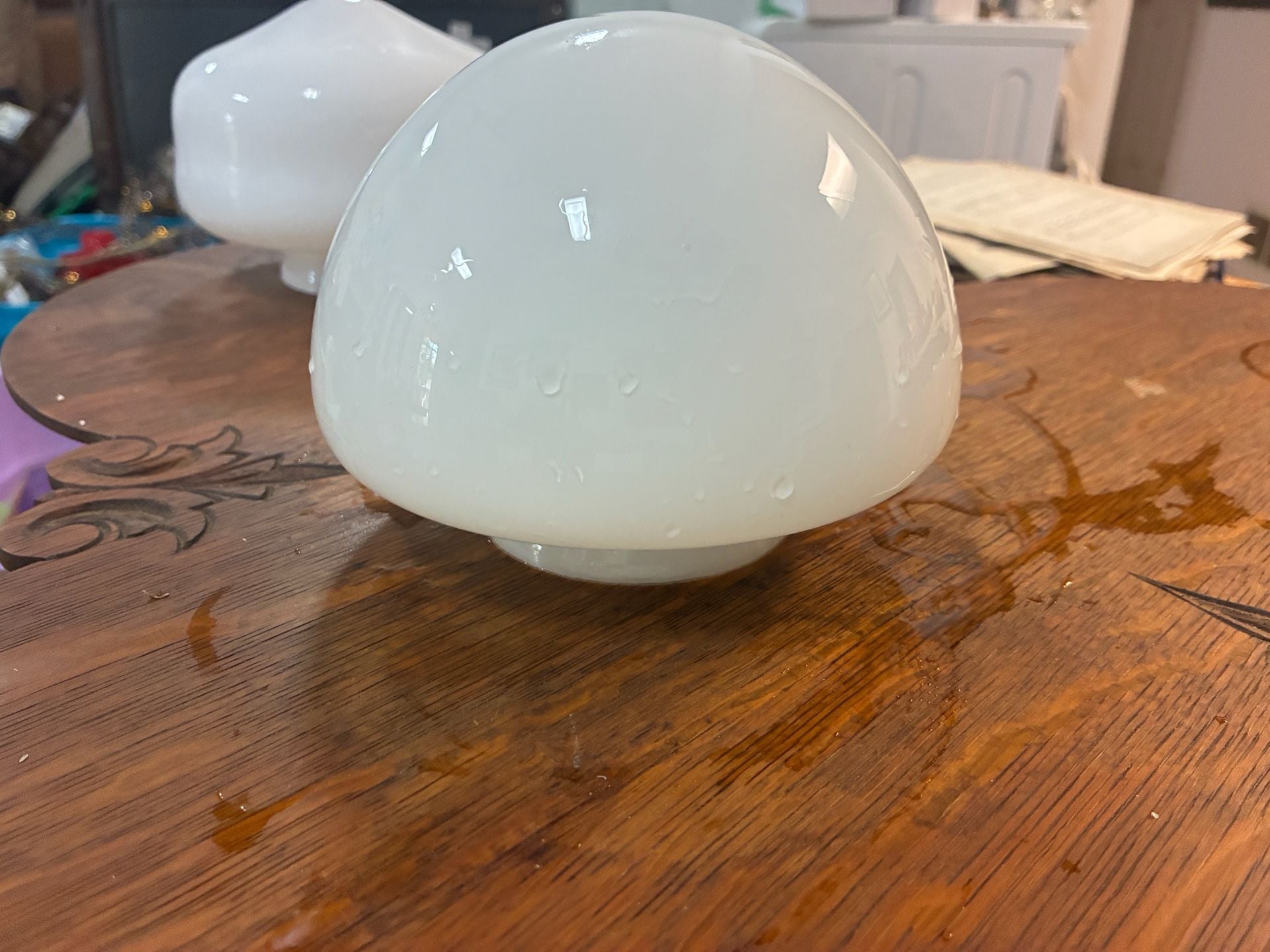 Vintage White Milk Glass Schoolhouse Mushroom Ceiling Light Shade 1