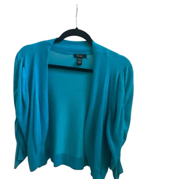 Cupio Open Front Cardigan Size L Teal Blue Rayon Knit Sweater