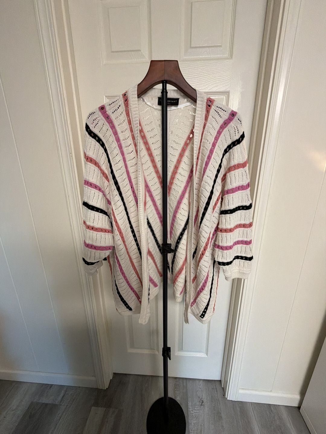 Lane Bryant 22/24 White Striped Open Weave Knit Cardigan Sweater/153 2