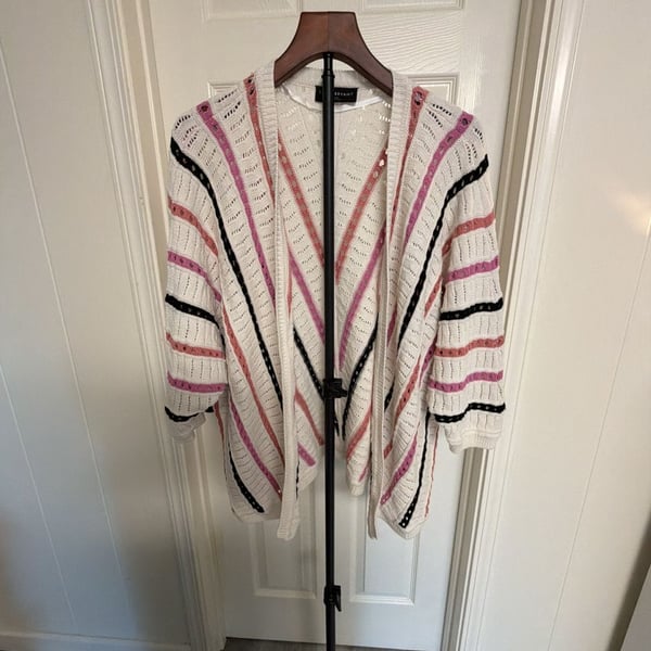 Lane Bryant 22/24 White Striped Open Weave Knit Cardigan Sweater/153