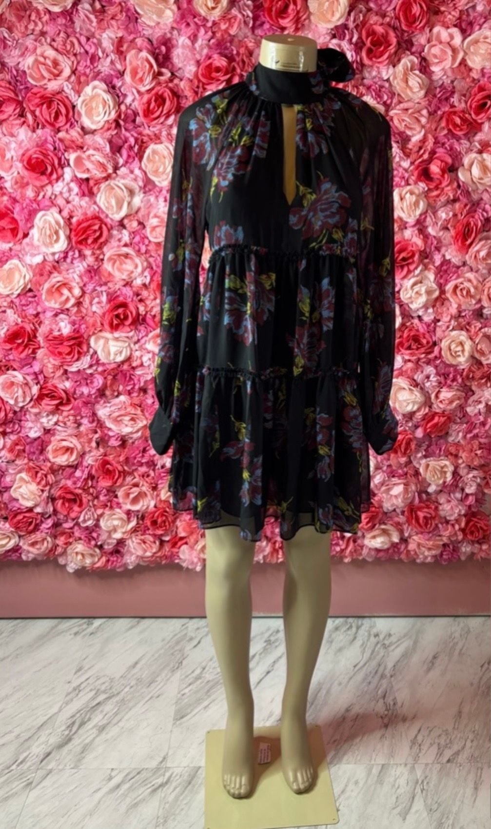 Cinq a Sept Revina Dress Size 4 Black Multi Floral Long Sleeve Mini Dress 2