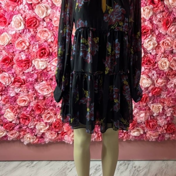 Cinq a Sept Revina Dress Size 4 Black Multi Floral Long Sleeve Mini Dress
