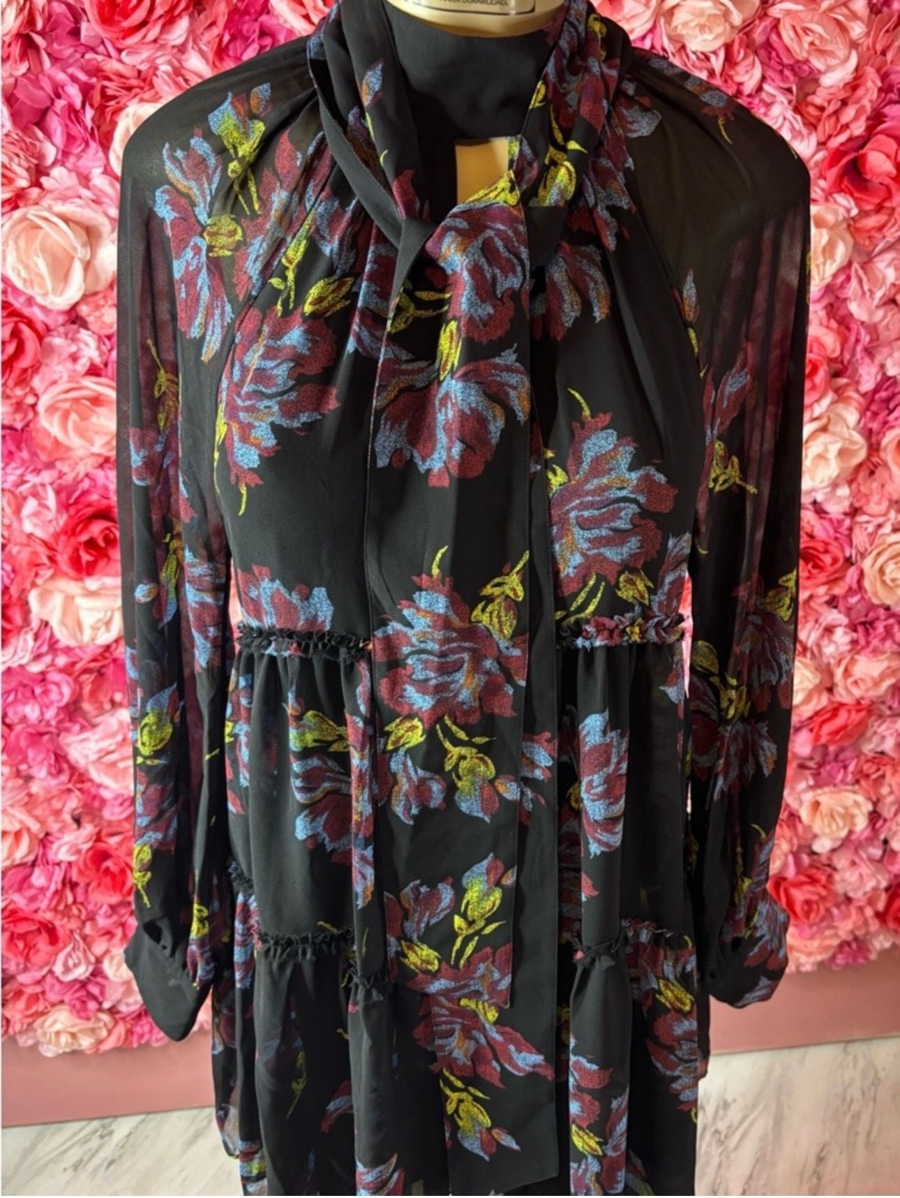 Cinq a Sept Revina Dress Size 4 Black Multi Floral Long Sleeve Mini Dress 6