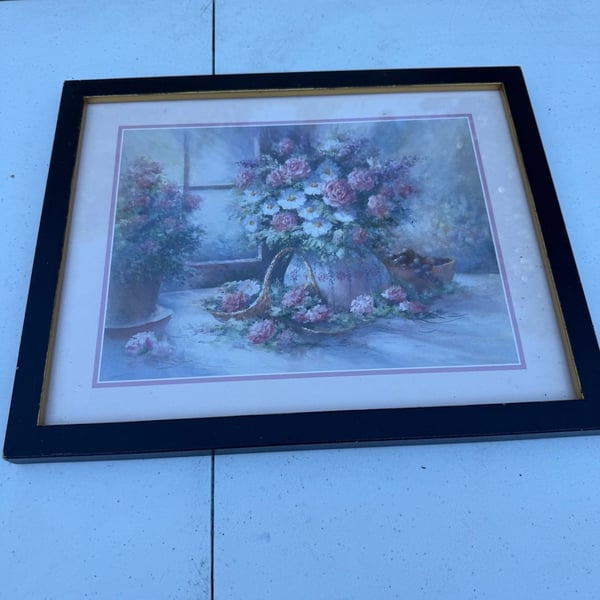 Vintage Julia Crainer Framed Floral Print Roses In Vase