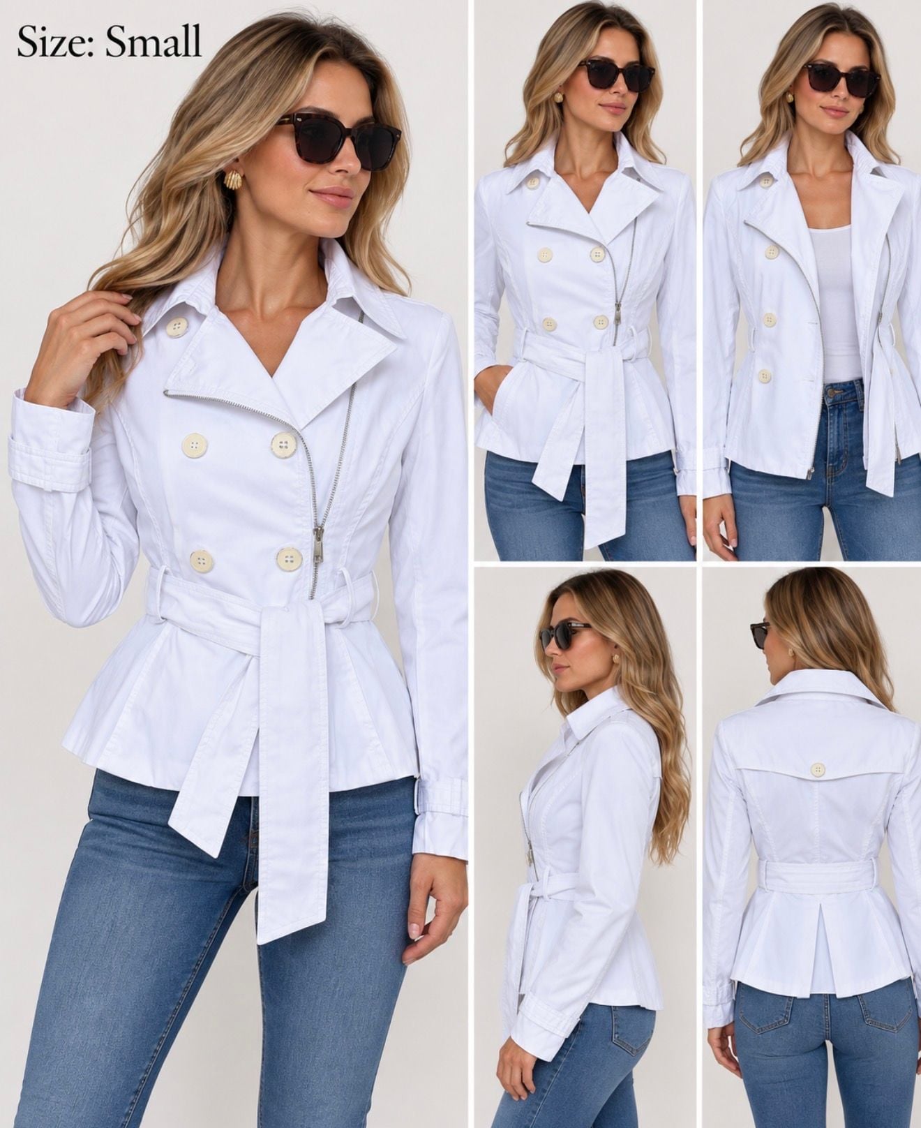 Black Rivet Women’s White Belted Trench Jacket Size S Cotton Blend Moto Style 2