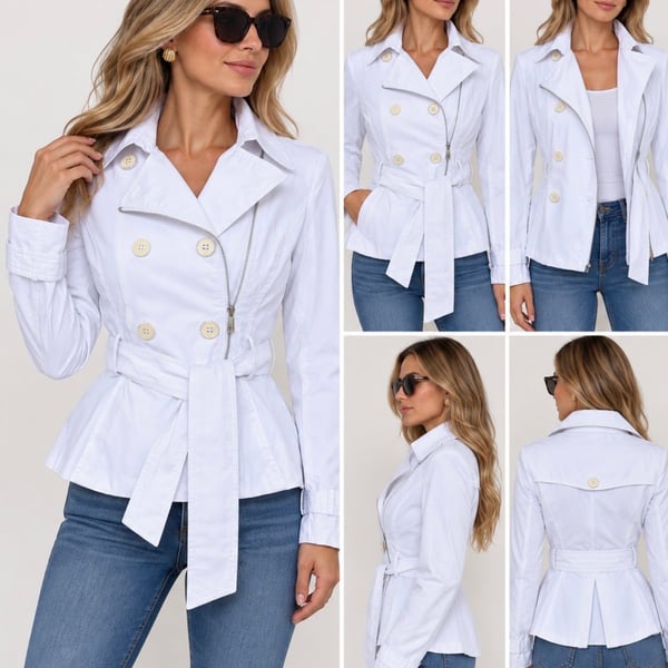 Black Rivet Women’s White Belted Trench Jacket Size S Cotton Blend Moto Style