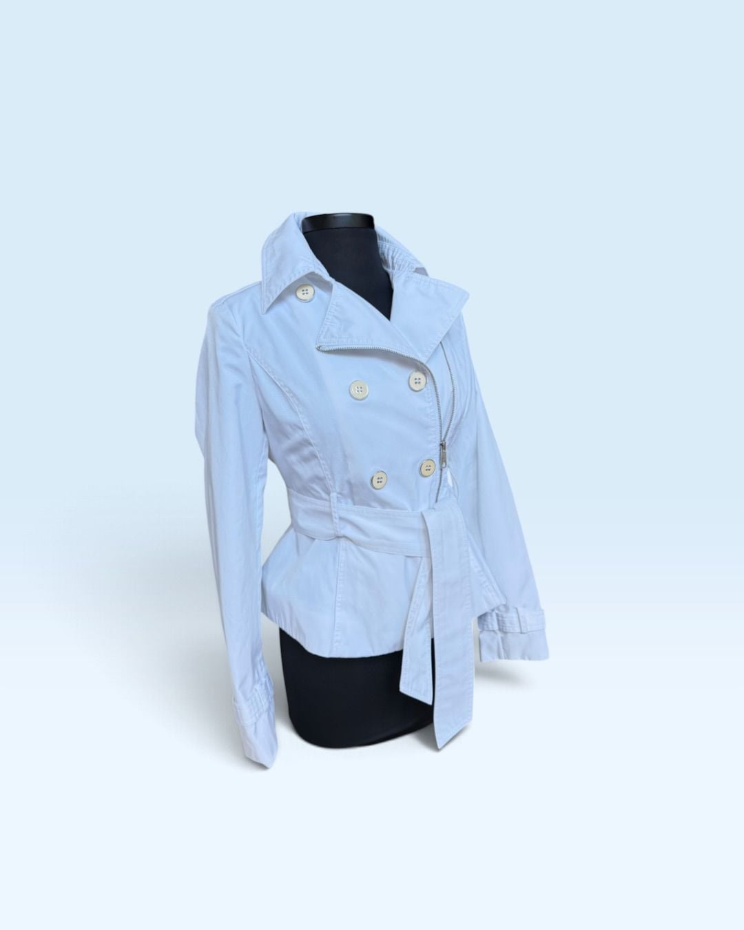 Black Rivet Women’s White Belted Trench Jacket Size S Cotton Blend Moto Style 7