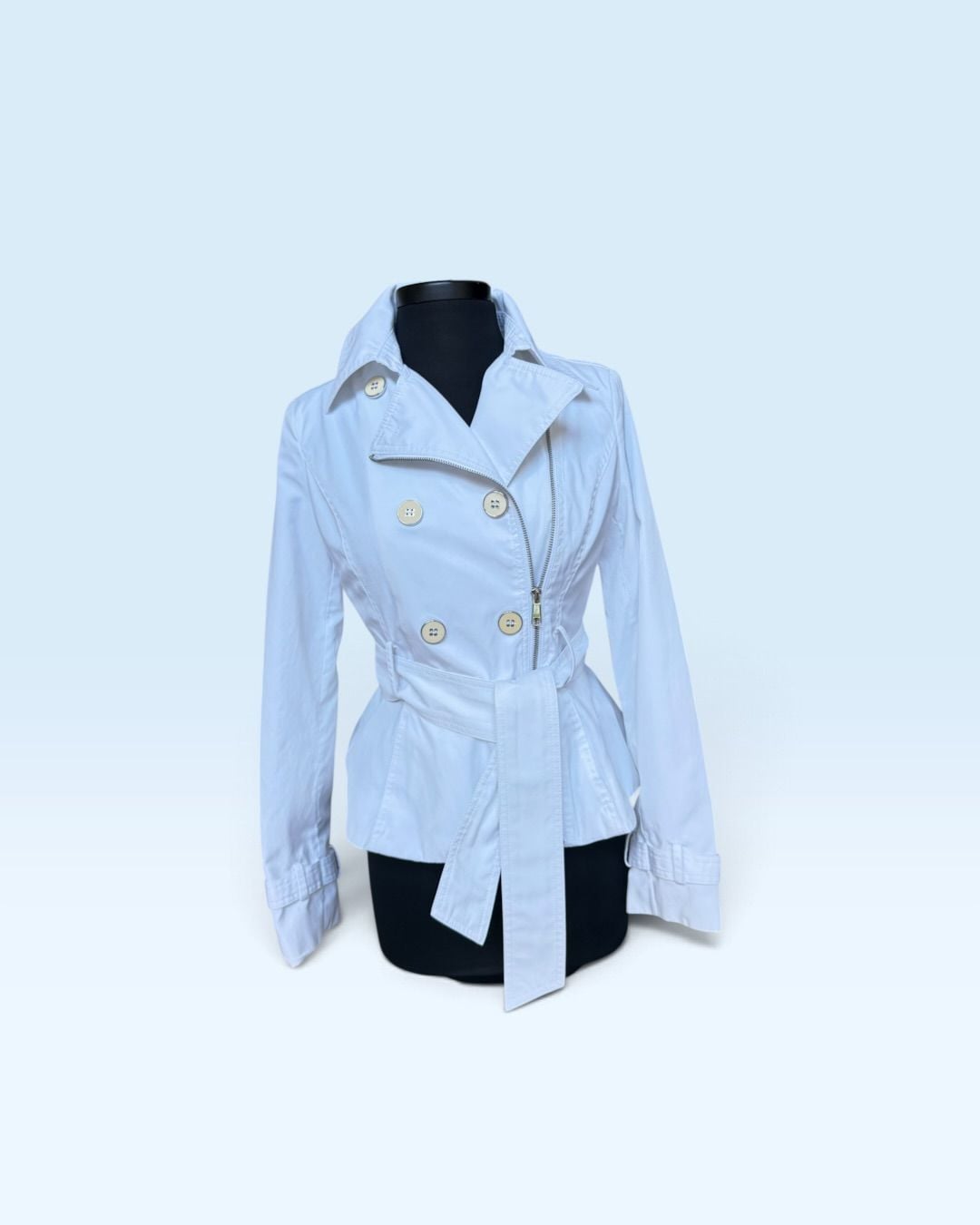 Black Rivet Women’s White Belted Trench Jacket Size S Cotton Blend Moto Style 8