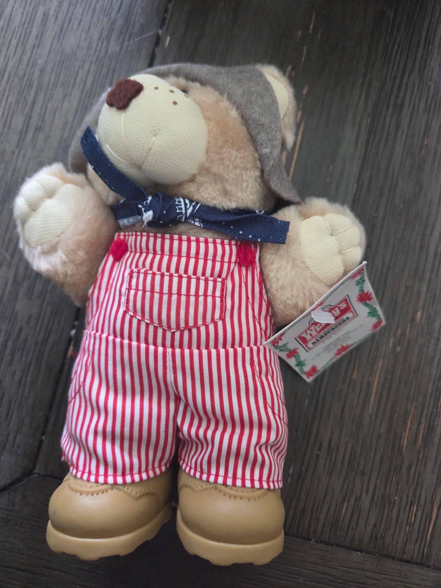 Wendy's Furskins Bear 1986 Plush Stuffed Animal with Overalls and Hat 1