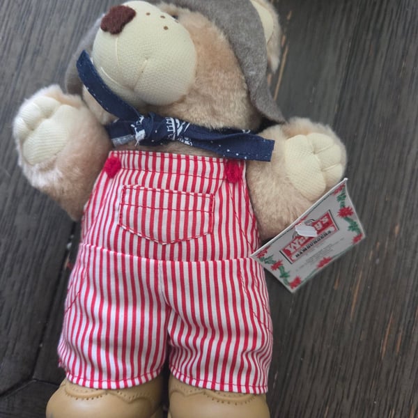 Wendy's Furskins Bear 1986 Plush Stuffed Animal with Overalls and Hat