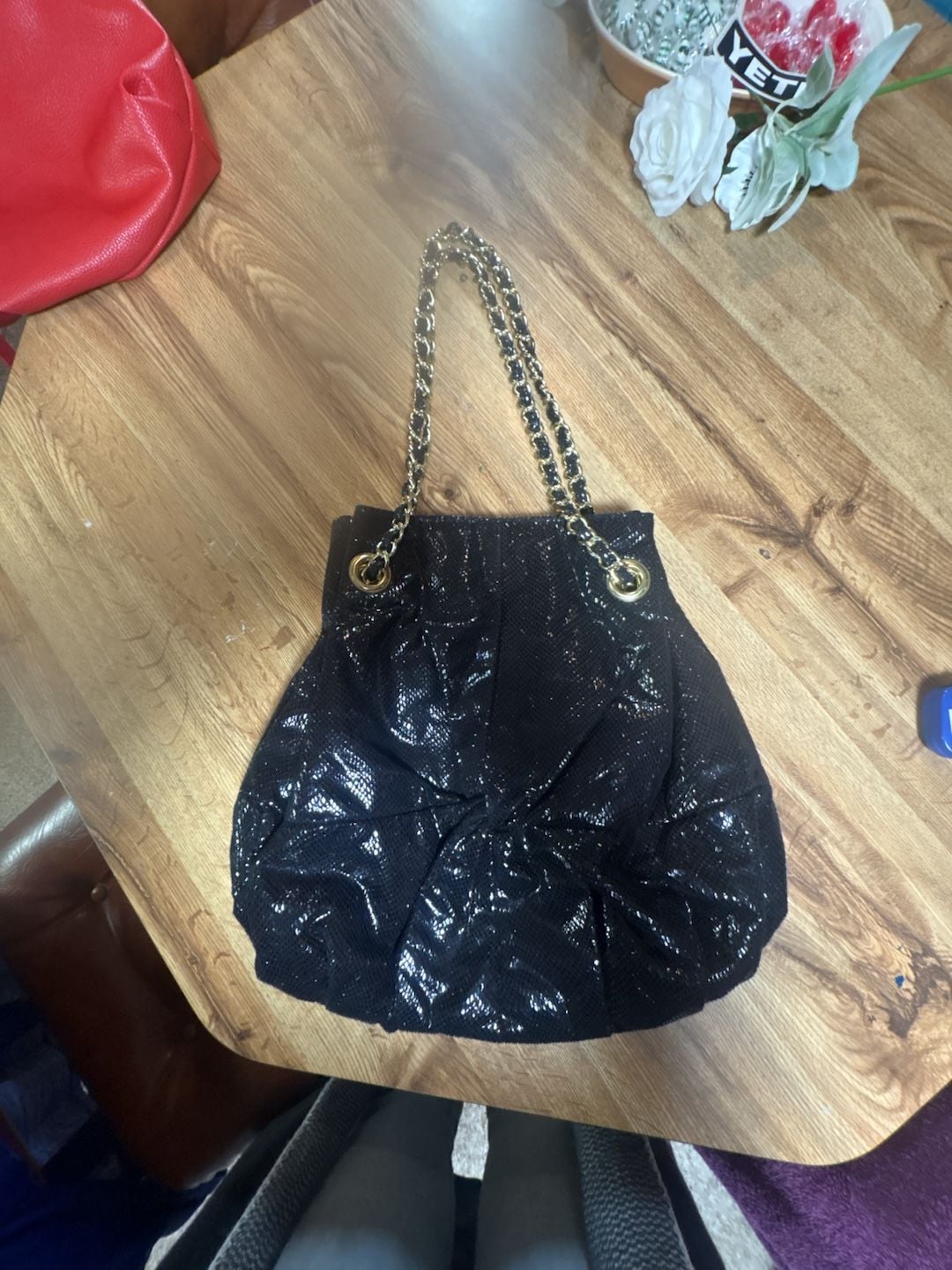 Rampage Black Patent Cannage Shoulder Bag with Gold Chain Strap 2