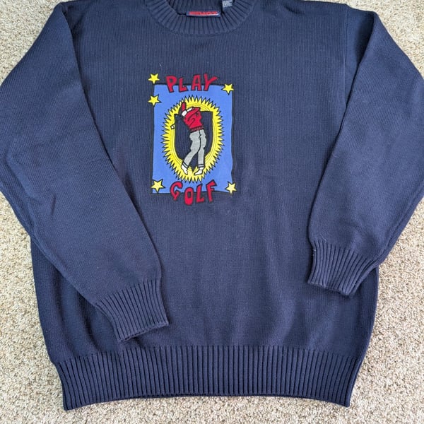 Pivot Rules Play Golf Sweater Size L Navy Blue Cotton Graphic Pullover