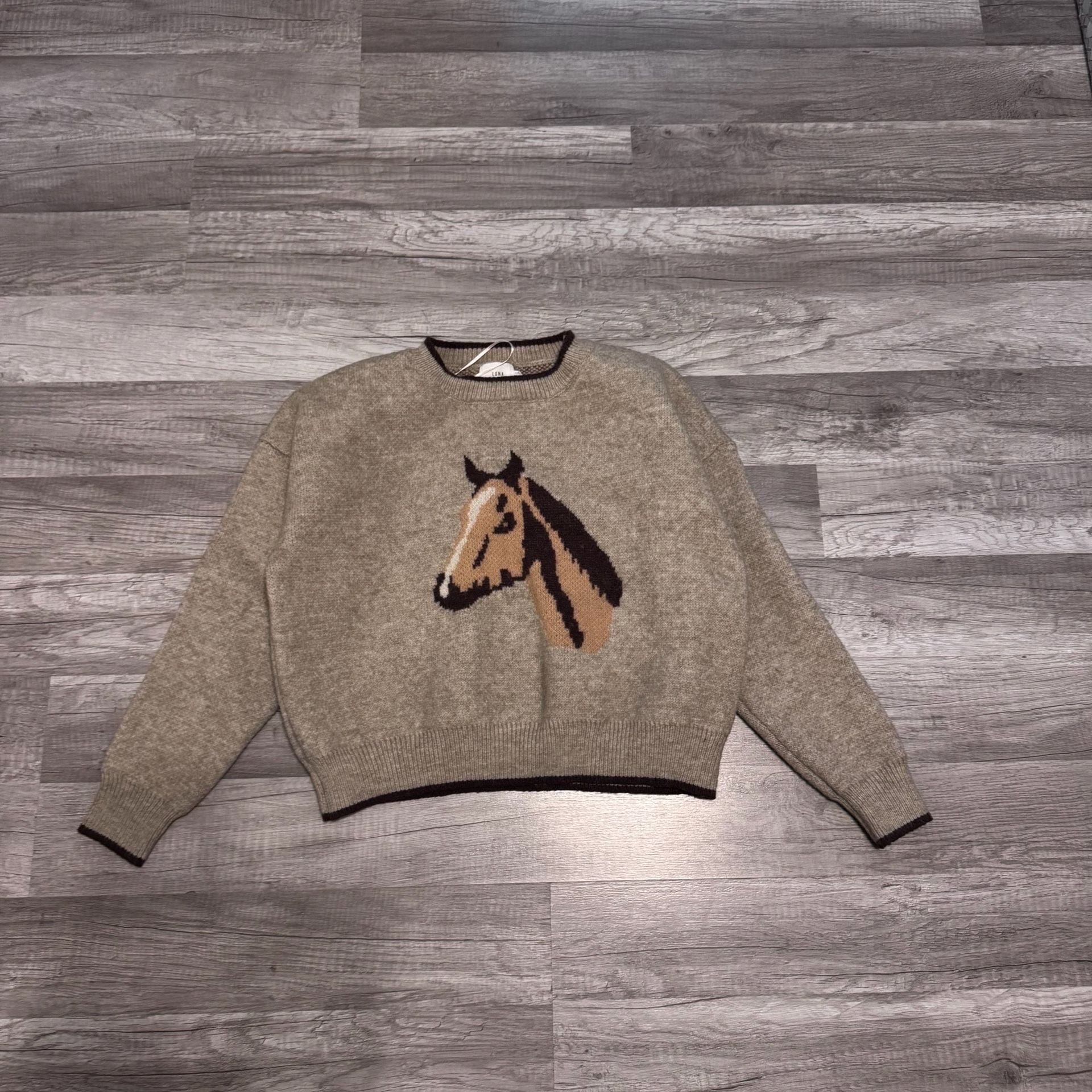 Luna Ivy Horse Sweater Size S Beige Knit Pullover 2