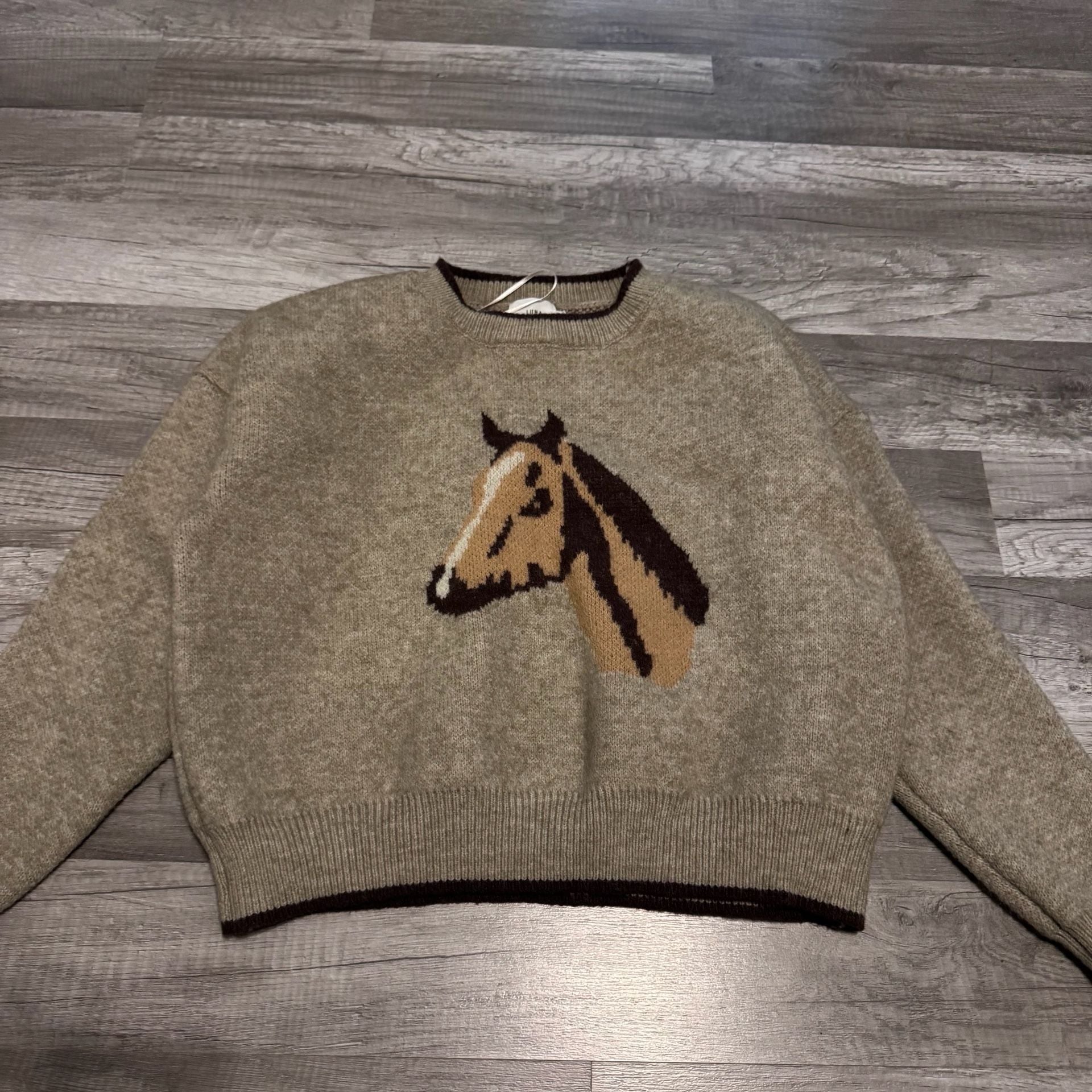 Luna Ivy Horse Sweater Size S Beige Knit Pullover 4