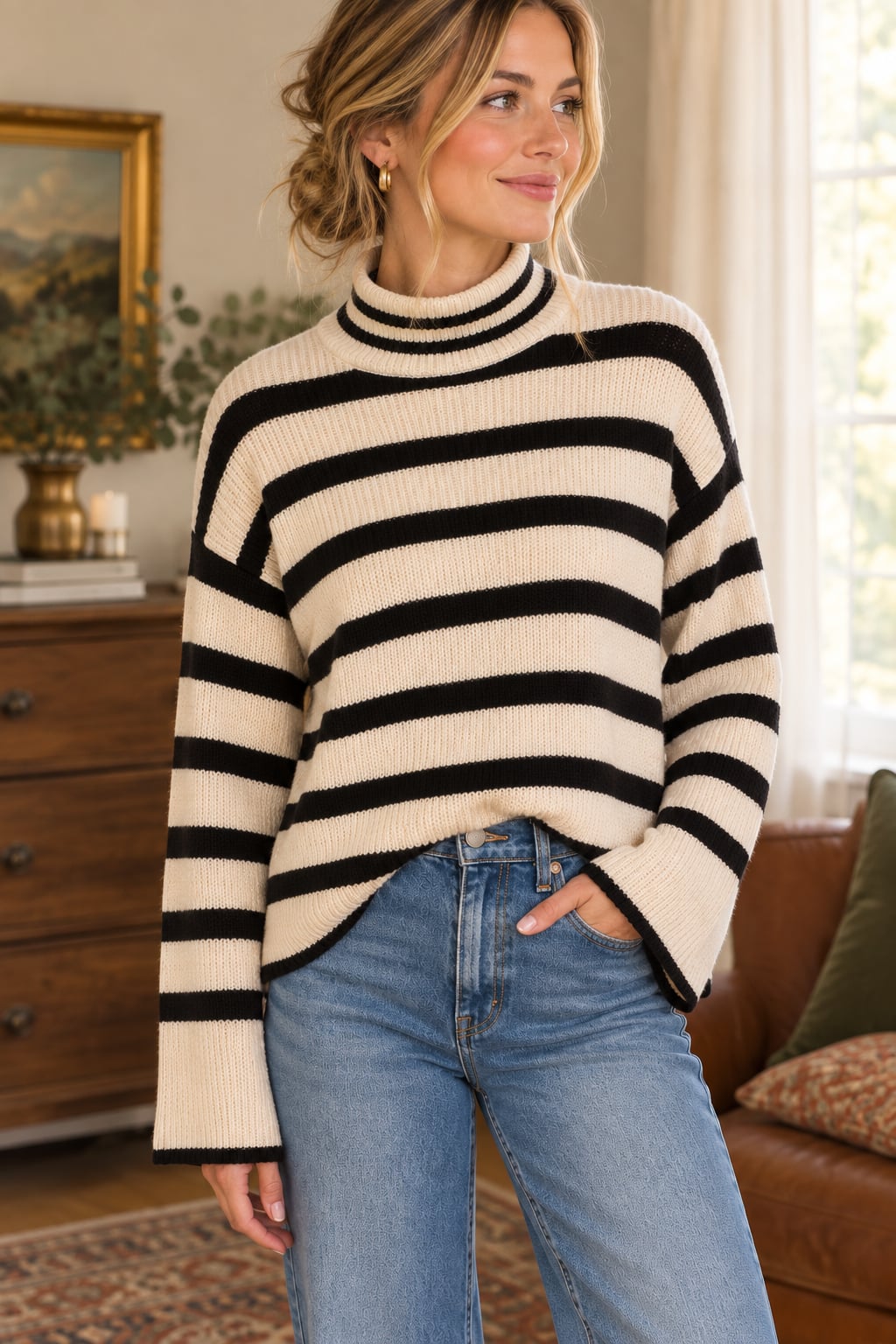 White House Black Market Cashmere Blend Striped Bell Sleeve Mock Neck Sweater M 2