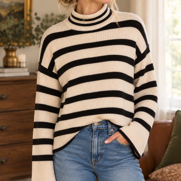 White House Black Market Cashmere Blend Striped Bell Sleeve Mock Neck Sweater M