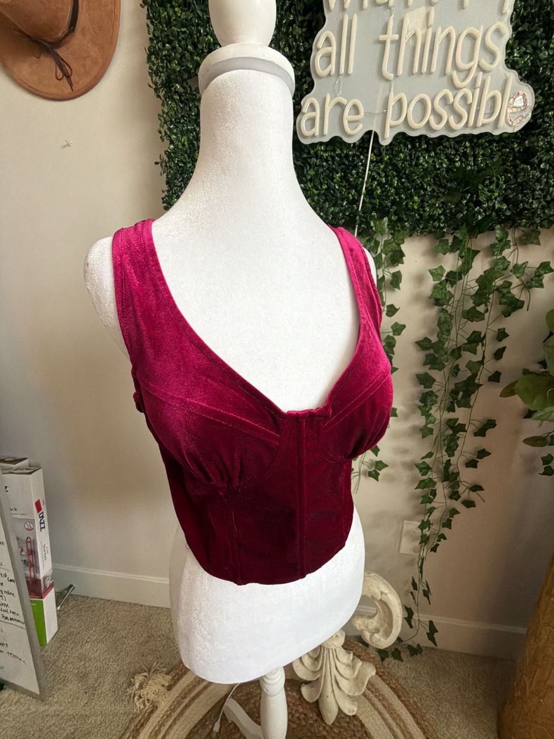 Meraki Velvet Crop Top Size L Burgundy Corset Bustier Top 3