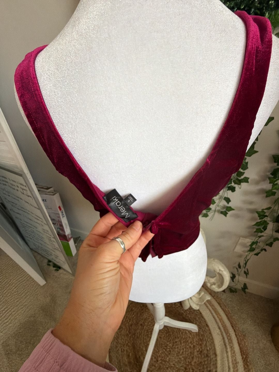 Meraki Velvet Crop Top Size L Burgundy Corset Bustier Top 5