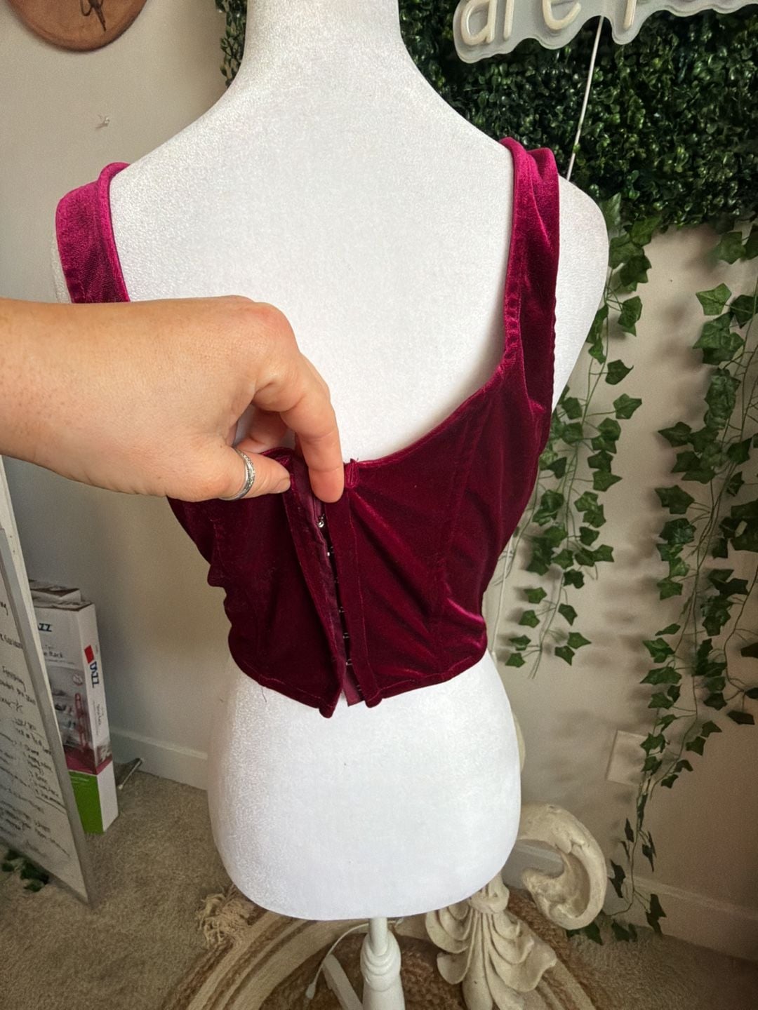 Meraki Velvet Crop Top Size L Burgundy Corset Bustier Top 6