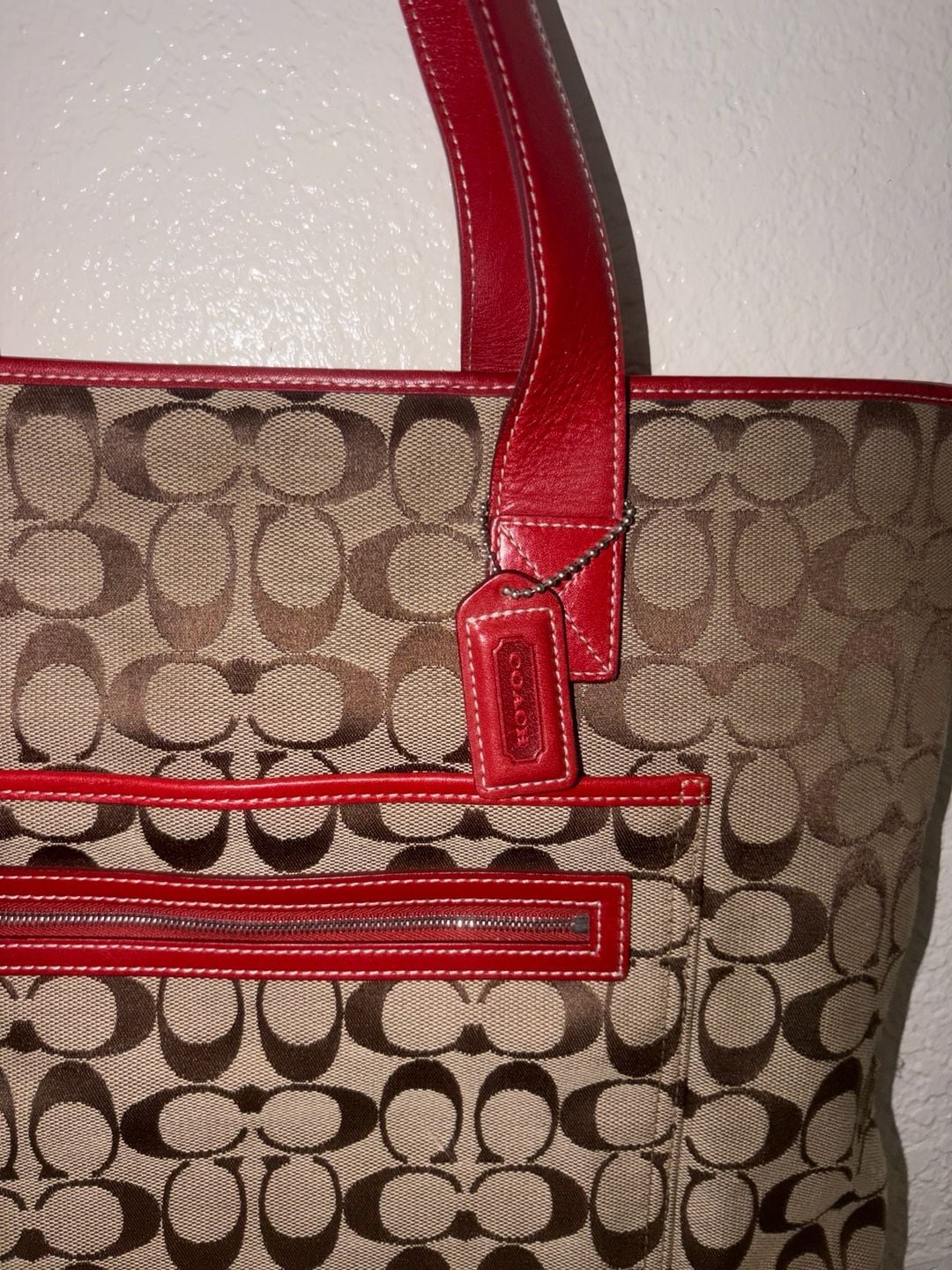 Coach Signature Canvas Red Leather Tote Bag 3