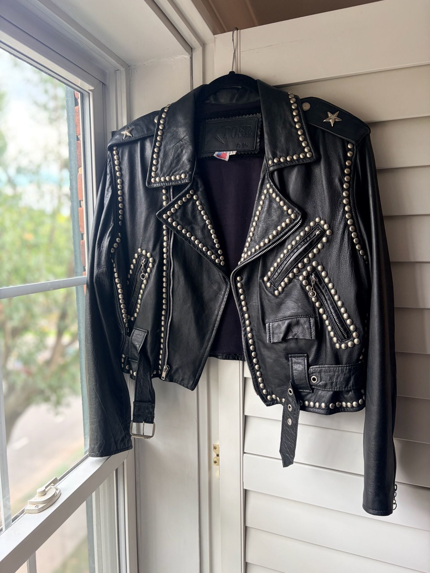 X-POSE 1980s Studded Eagle Biker Leather Jacket Grunge Streetwear 2