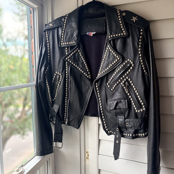 X-POSE 1980s Studded Eagle Biker Leather Jacket Grunge Streetwear 