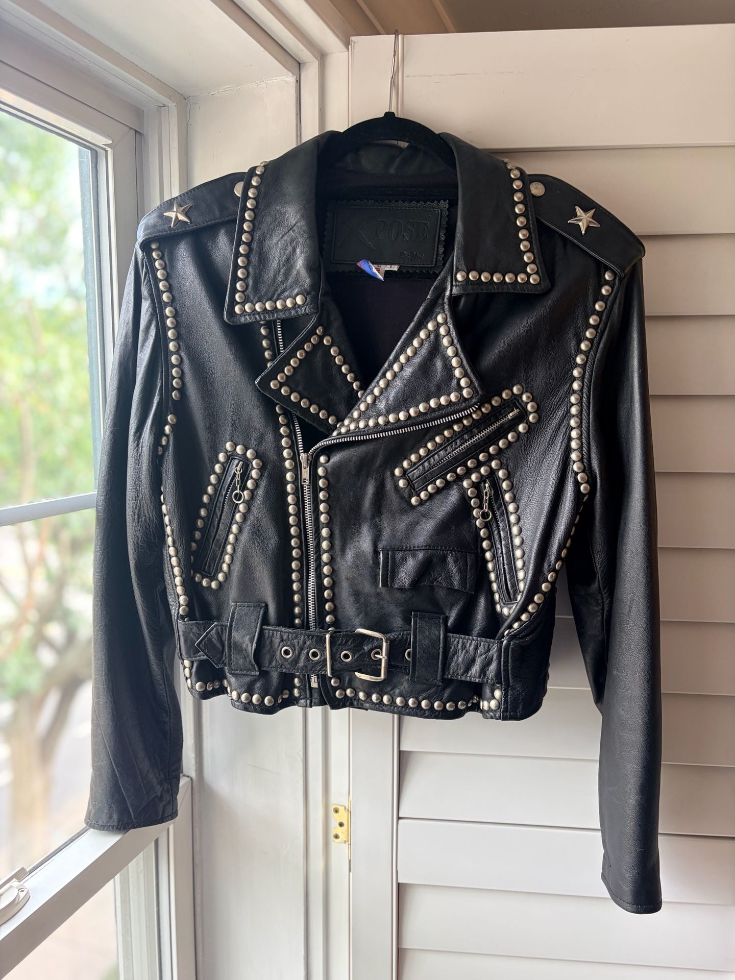 X-POSE 1980s Studded Eagle Biker Leather Jacket Grunge Streetwear 3