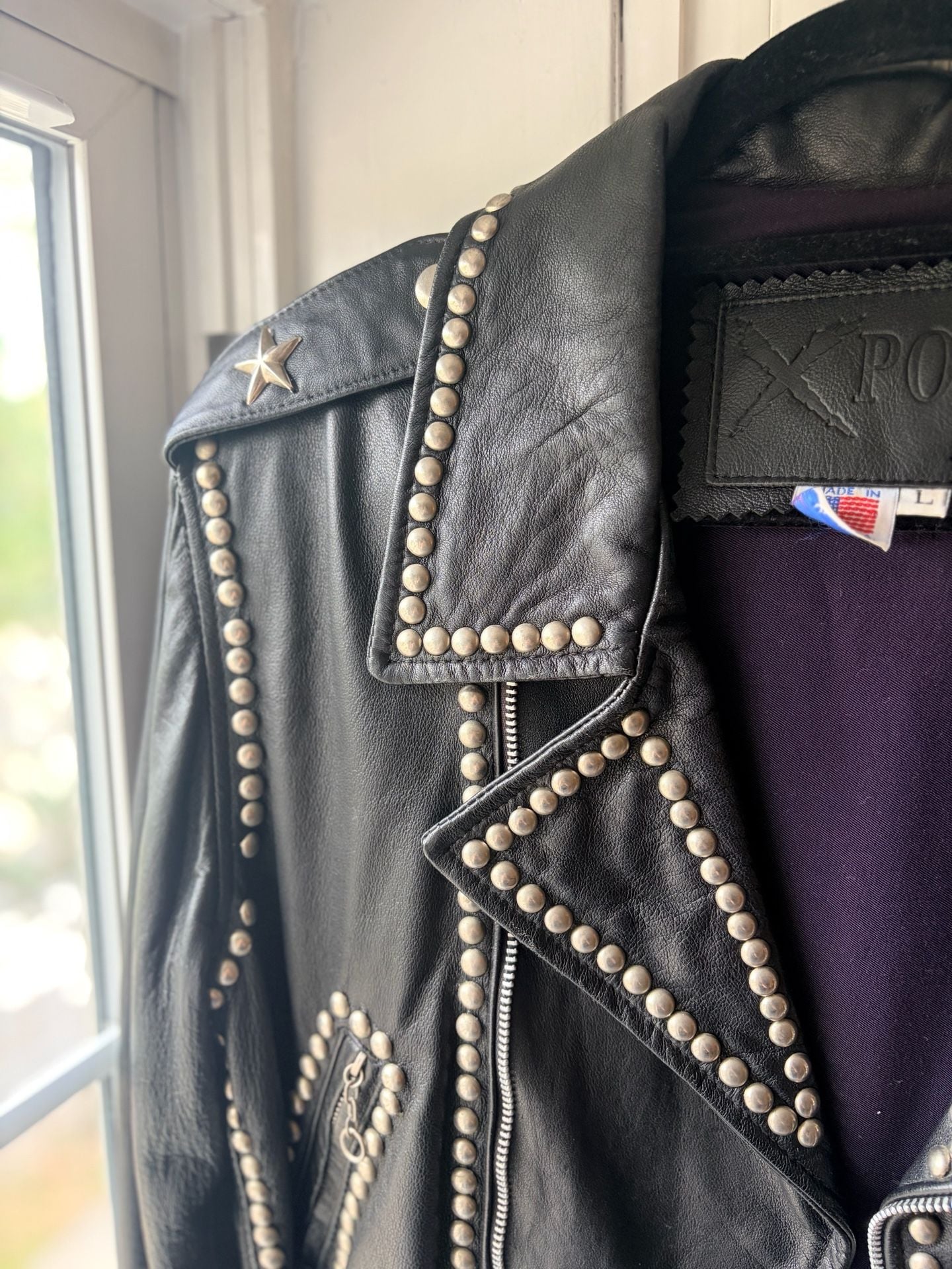 X-POSE 1980s Studded Eagle Biker Leather Jacket Grunge Streetwear 5